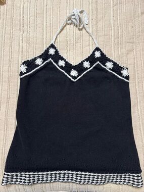 Y2K LOFT Black Halter Top with White Crochet Trim
